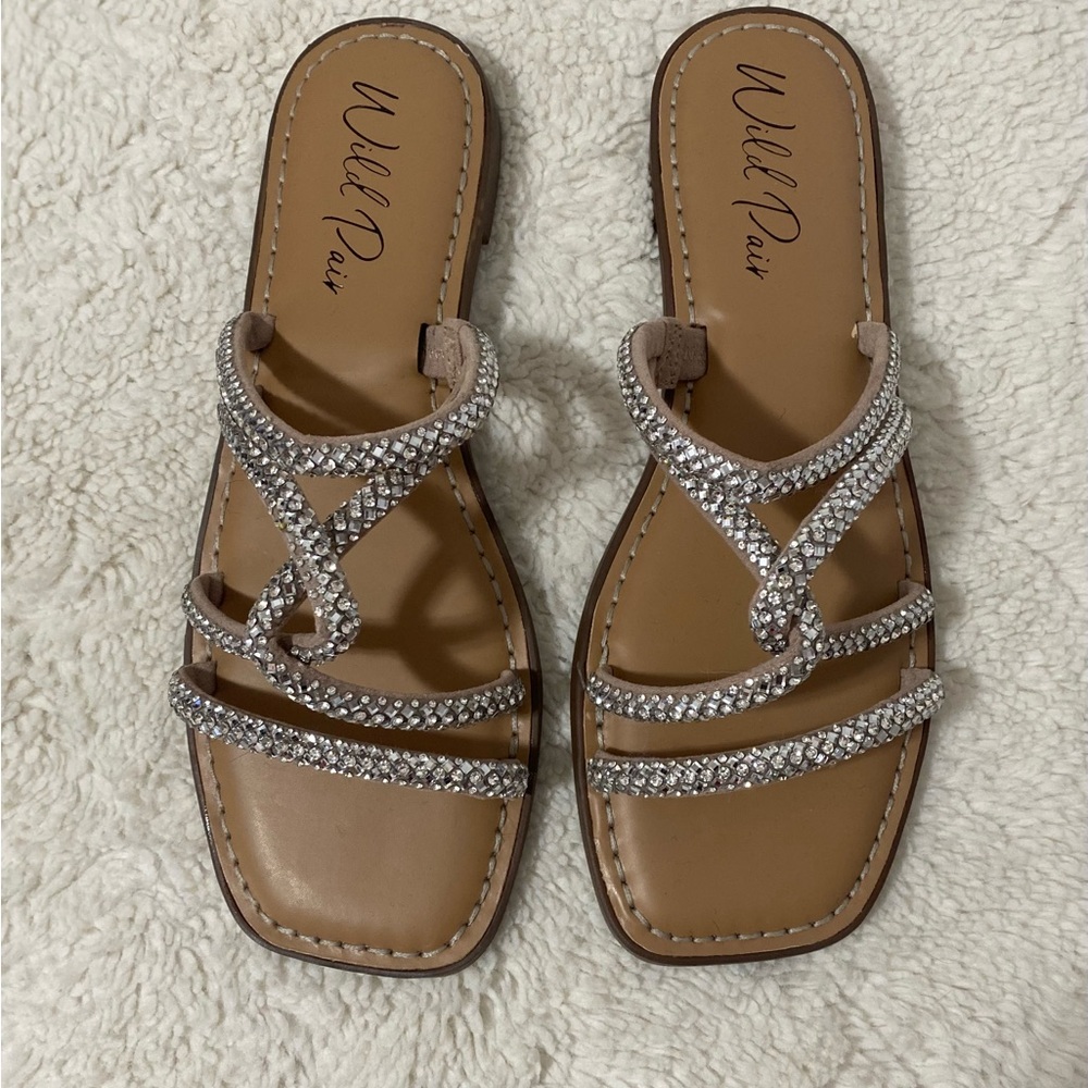 Wild Pair Beige Slide Sandals with Rhinestone Straps